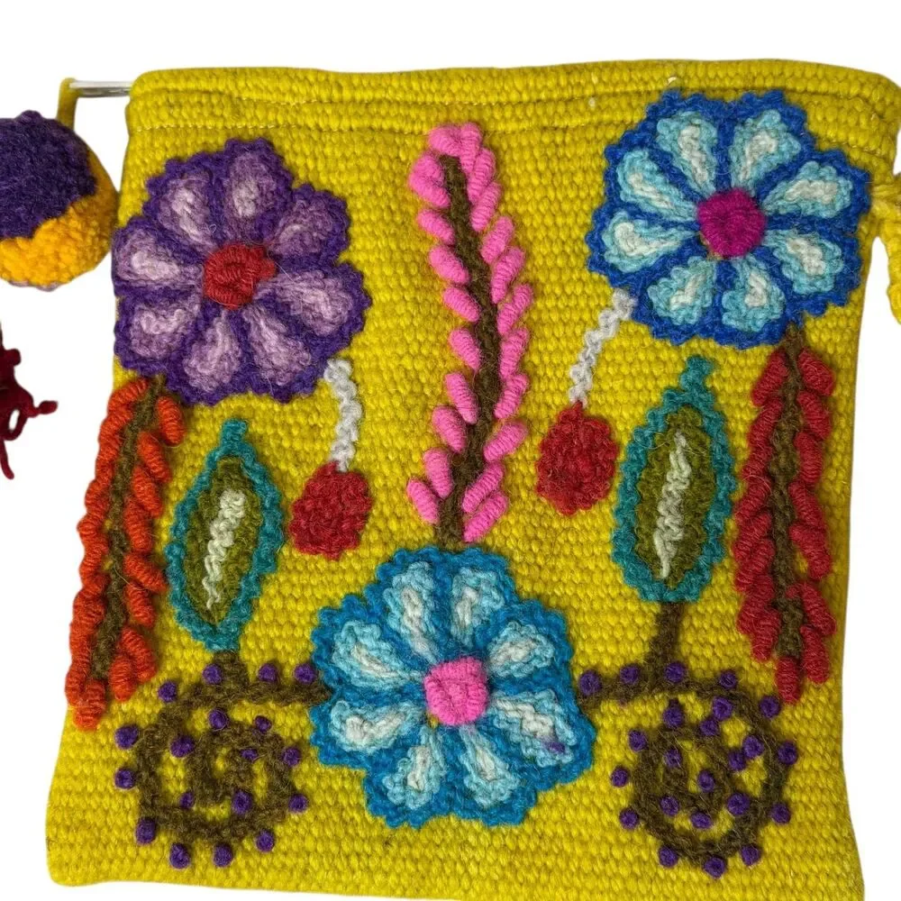 Embroidered Woven Tapestry Wristlet Pouch Tassel Pom Pom Floral Gold